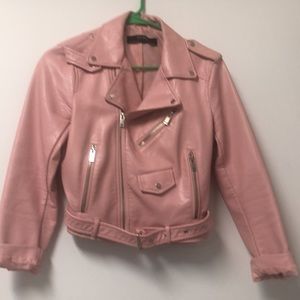 Zara pink leather crop jacket with zippers. Size medium with belt